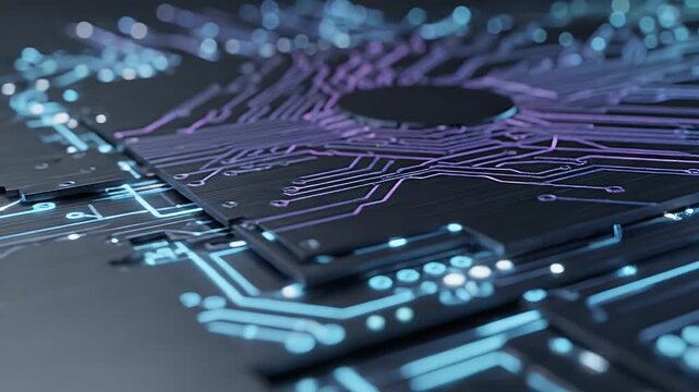 A futuristic circuit board with glowing purple and blue lines and dots in a dark environment viewed from above