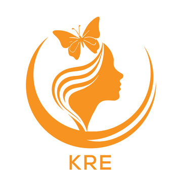 KRE Abstract Beauty Logo. KRE Female Face and Butterfly. KRE Symbol in Orange Color.

