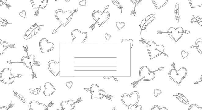 Hand drawn valentine background features a border of hearts with arrows and feathers around a central area with lines for a personal note.