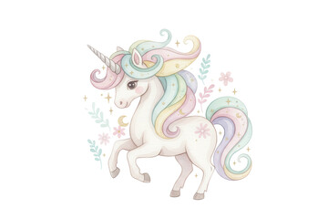 Naklejka premium Charming unicorn illustration with vibrant pastel colors and celestial accents in a whimsical style