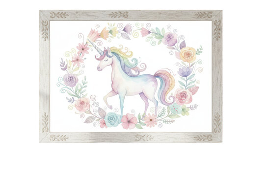 Charming unicorn illustration within a floral wreath framed in a rustic wooden border design