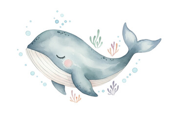 Obraz premium Charming watercolor illustration of a friendly whale with coral and bubbles in the ocean