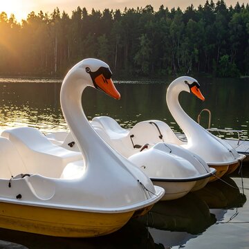 Close-up of three white swan-shaped pedal boats lined up on a lake dock, with the sun setting behind dark forest trees