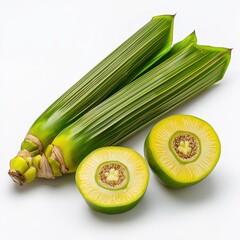 Two intact and two sliced nipa palm fruits display their vibrant green exteriors and unique interior seeds, set against a simple, clean white background.