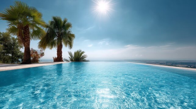 A beautiful infinity pool reflects sunlight, surrounded by vibrant palm trees. It offers a peaceful view of a soft blue sky and distant horizons, perfect for relaxation and blissful moments