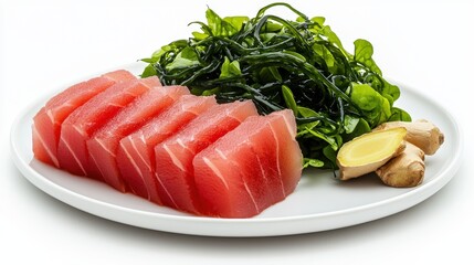 A vibrant plate showcases fresh tuna sashimi, complemented by seaweed salad and ginger, creating a visually appealing and healthy culinary experience today.