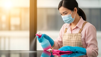 Asian woman cleaning surface using spray wearing mask during coronavirus pandemic