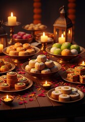 Fototapeta premium Diwali Sweets Arranged on Table with Candle Light Ambiance