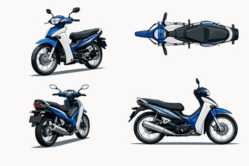 Urban scooter motorcycle illustrated from multiple angles perfect for city transport concepts mobility apps and vehicle design presentations