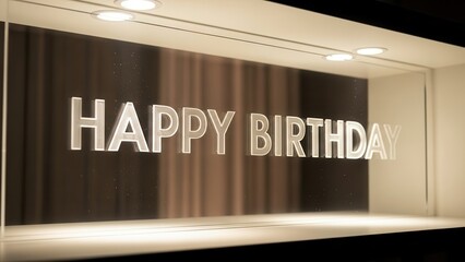 Happy Birthday 3D Text Display in Modern Illuminated Shop Window