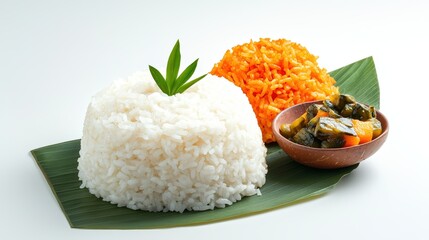 Steaming white rice presented on a banana leaf with vibrant orange rice and a side of pickled vegetables served in a wooden bowl on a clean white background.