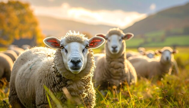 Close-up of two sheep in a grassy field, bathed in golden sunlight. Other sheep are in soft focus behind them, hills and trees