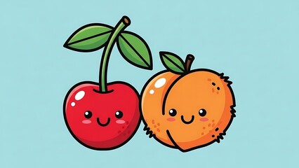 Smiling cartoon cherry and orange fruits.