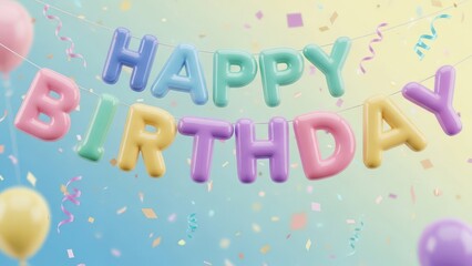 Happy Birthday 3D Render with Pastel Colored Balloon Letters, Confetti, and Streamers