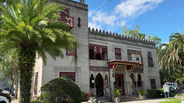 Saint Augustine, Florida, USA, June 25, 2025: DOLLY SLOW MOTION SHOT - The Villa Zorayda Museum fa&ccedil;ade. A historic Gilded Age home museum located on King Street in St. Augustine, FL.