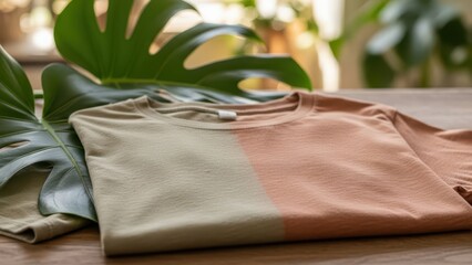Two-tone Light Beige and Light Peach T-Shirt Product Shot on Wooden Table with Monstera Leaf