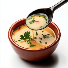 A spoonful of creamy soup is lifted, showcasing the liquid's texture and the fresh parsley garnish, presented in a rustic bowl against a clean white backdrop.