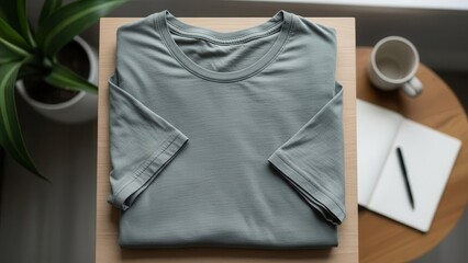 Top View Folded Grey T-Shirt Mockup on Wooden Table with Coffee and Notebook