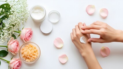 Woman applying cream to her hands in a spa setting with roses and petals decoration