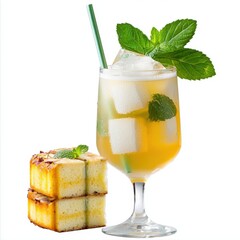 A refreshing drink with ice cubes and fresh mint leaves sits next to a delectable stack of sponge cake squares, all beautifully isolated on a clean white backdrop.