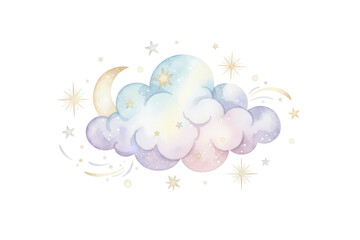 Obraz premium Dreamy celestial watercolor illustration featuring crescent moon, cloud, and twinkling stars design