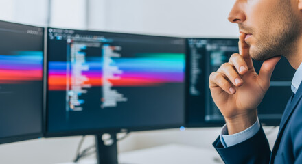 Focused professional contemplating complex data on multiple computer screens