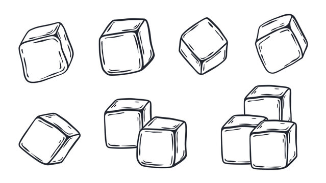  Set  ice cubes illustration in doodle sketch style. Hand-drawn ink icons of square pieces of frozen water. Ice for cooling drinks, clip art. Vector graphics