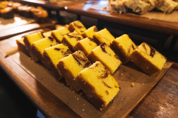 Slices of butter sponge cakes sell in coffee shop