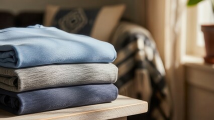 Stack of neatly folded blue and grey sweaters on a wooden table in a cozy home setting