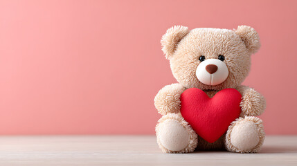 Obraz premium Adorable cartoon teddy bear hugging a red heart on a pastel background, sweet and friendly illustration perfect for kids' birthday cards, classroom decor, and cheerful designs