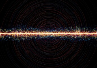 Abstract digital background featuring complex oscillating energy patterns, spectral lines, and vibrant color frequencies in motion, colorful, illustration, line