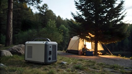 Compact Portable Wind Energy Generator Near Small Campsite, Showing Sustainable Outdoor Power Source, Eco Innovation, And Modern Renewable Energy Concept In Nature
