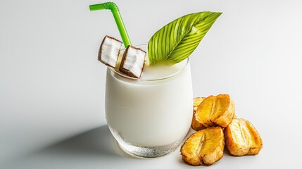 A refreshing coconut cocktail with a green straw and leaf garnish sits beside chunks of pine on a clean white surface offe a tropical summer vibe.