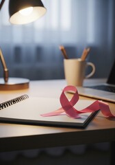 Pink Ribbon on Notebook on Desk with Lamp Symbolizing Breast Cancer