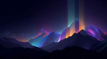 Digital art featuring stylized mountain range with vibrant, glowing light beams