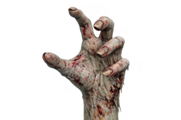 Zombie hand reaching, showing decaying skin and blood, horror concept for halloween and apocalypse themes with transparent background