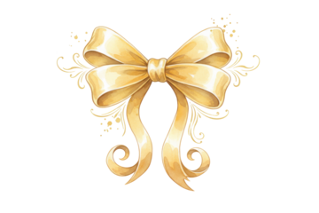 Elegant Golden Bow Illustration with Decorative Floral Flourishes and Serpentine Ribbons