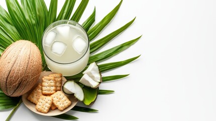 Refreshing coconut water is served in a glass with ice, alongside crackers and a whole coconut, all arranged beautifully on tropical palm leaves on a white surface.
