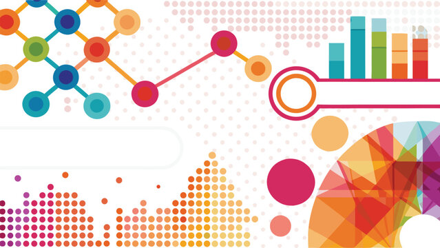Abstract creative business background with colorful data visualization elements, financial charts, graphs and network connections.