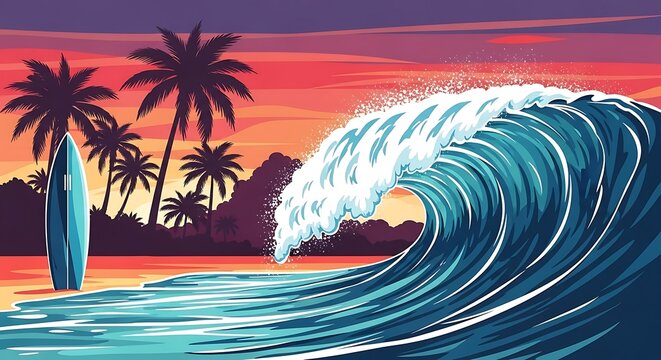 Vibrant wave crashing on sandy beach with surfboard and palm trees at sunset