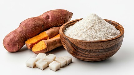 A close up shot features a wooden bowl filled with shredded coconut next to whole and cut sweet potatoes and diced jicama on a plain white background.