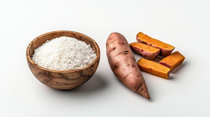 Sweet potatoes displayed with coconut flakes in a wooden bowl present a wholesome and naturally colorful food arrangement on a clean, white background.