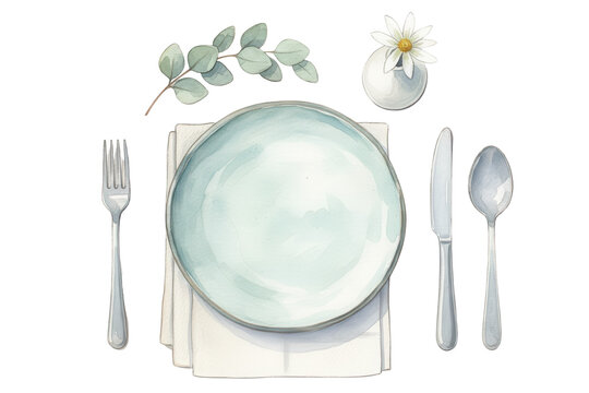 Elegant Table Setting Watercolor Illustration with Utensils and Floral Decoration Details