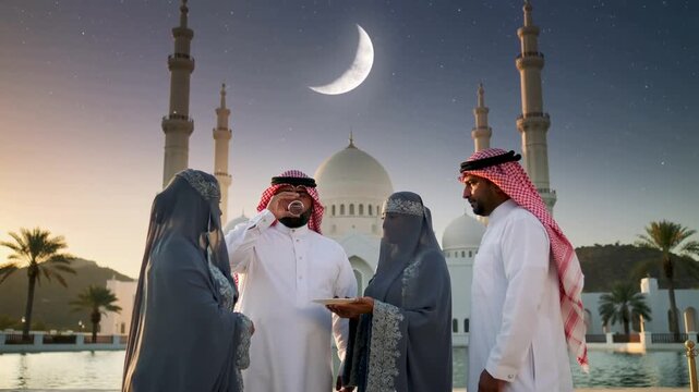 Islamic Ramadan Iftar Concept with Crescent Moon and Mosque,