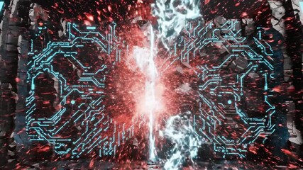 A bright red and white light radiates from a vertical fissure in a dark, circuit board-like structure