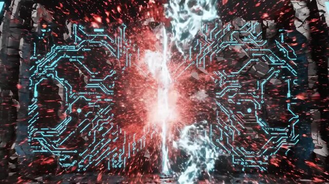 A bright red and white light radiates from a vertical fissure in a dark, circuit board-like structure