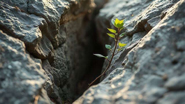 oligarchy. Young sapling growing from a crack in a large rock, soft morning light. ESG reports, sustainability campaigns, designed for sustainability communications and ESG reporting.