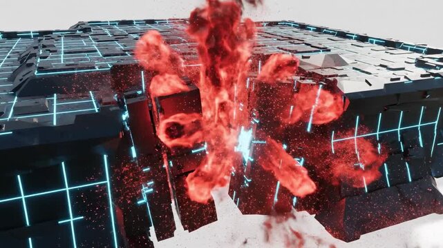 A 3D rendering of a black, grid-patterned, futuristic structure with a gaping hole and bright red explosion