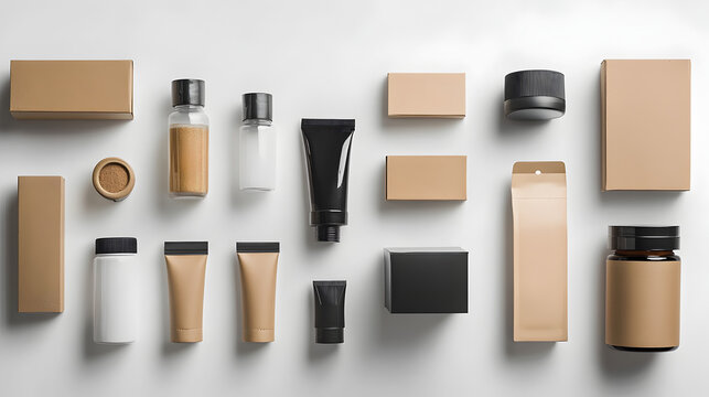 Flat lay of assorted minimalist cosmetic containers