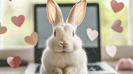 Valentine bunny with white fur sits in front of laptop surrounded by pastel heart shapes creating cute romantic atmosphere